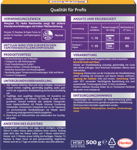 Henkel Metylan TG Hohe Reichweite 500 gr Raufaser & Papier Pulver MTRP