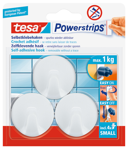Tesa 57577 Powerstrips Haken Small rund, weiß, bis 1KG, 3STK