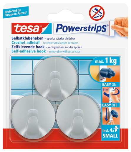 Tesa 57578 Powerstrips Haken Small rund, silber / matt, bis 1KG, 3STK