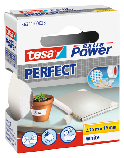 Tesa 56341 Gewebe- und Reparaturband 2,75m:19mm, weiß, extra Power Perfect