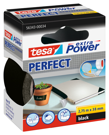 Tesa 56343 Gewebe- und Reparaturband 2,75m:38mm, schwarz, extra Power Perfect